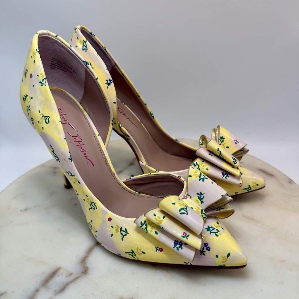 Betsey Johnson Prince-P Heels 3-D Layered Bow Vinyl Yellow  Floral Stiletto 8.5M